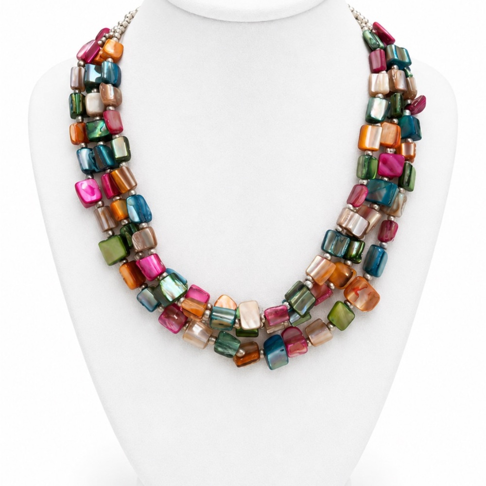 MOTHER OF PEARL Multi-Strand Color Mosaic Statement Necklace